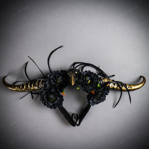 Gothic Demon Long Horn with Flower Head Piece - Black Gold